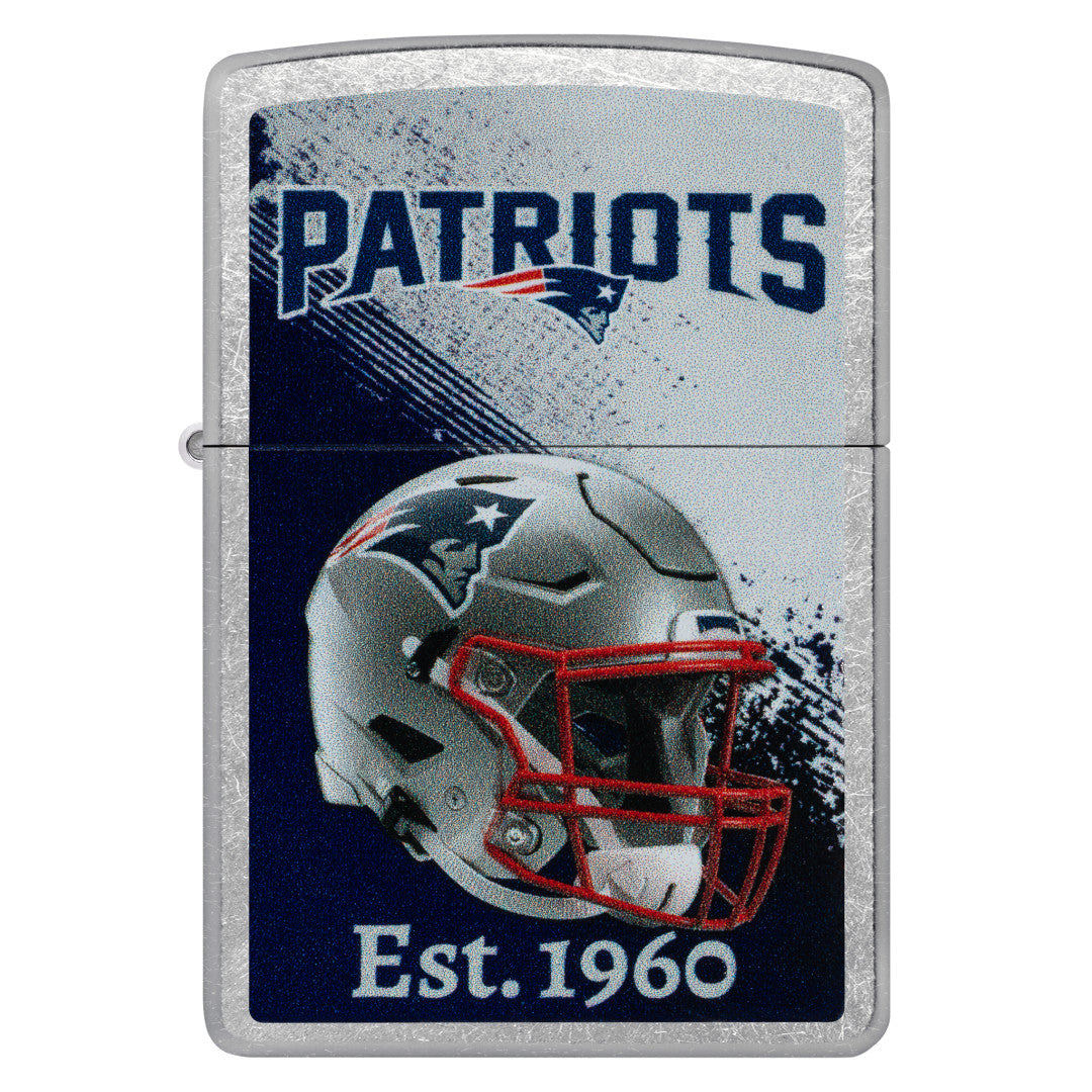 Front view of Zippo NFL New England Patriots Helmet Design Street Chrome Windproof Lighter.