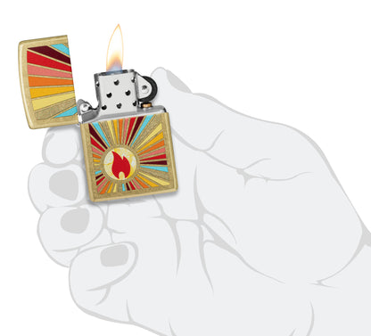 Zippo Beaming Flame Design Street Brass Windproof Lighter lit in hand.