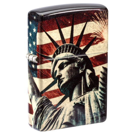 Front shot of Zippo Spark of Liberty Design 540 Tumbled Brass Windproof Lighter standing at a 3/4 angle.