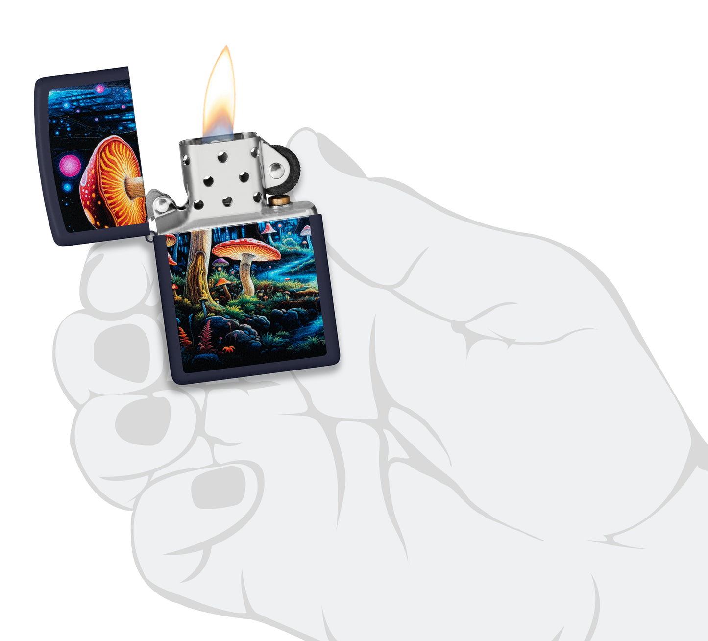 Zippo Black Light Mushroom Design Navy Matte Windproof Lighter lit in hand.