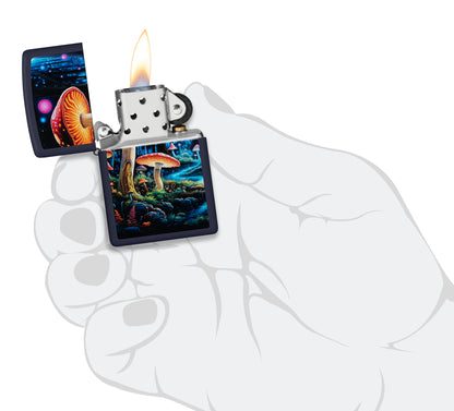 Zippo Black Light Mushroom Design Navy Matte Windproof Lighter lit in hand.