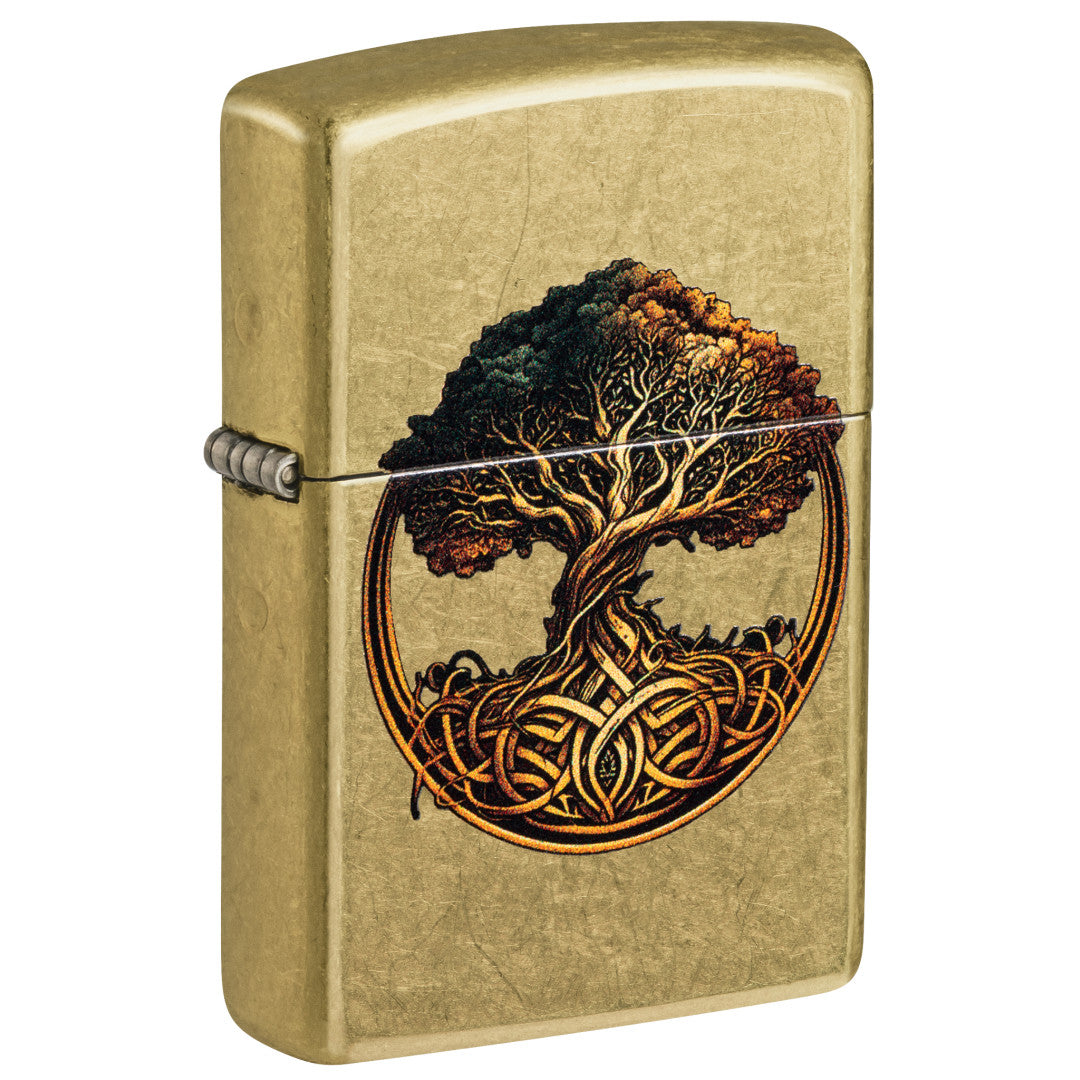 Front shot of Zippo Knotted Tree of Life Design Street Brass Windproof Lighter standing at a 3/4 angle.