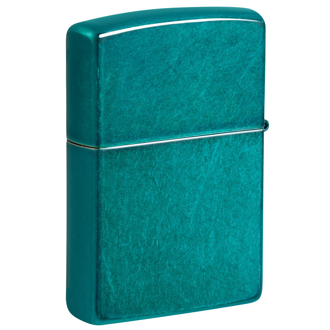 Back view of Zippo Game On Design Candy Teal Windproof Lighter standing at a 3/4 angle.
