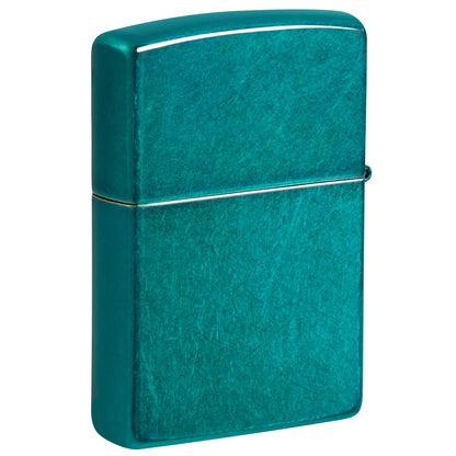 Back view of Zippo Game On Design Candy Teal Windproof Lighter standing at a 3/4 angle.
