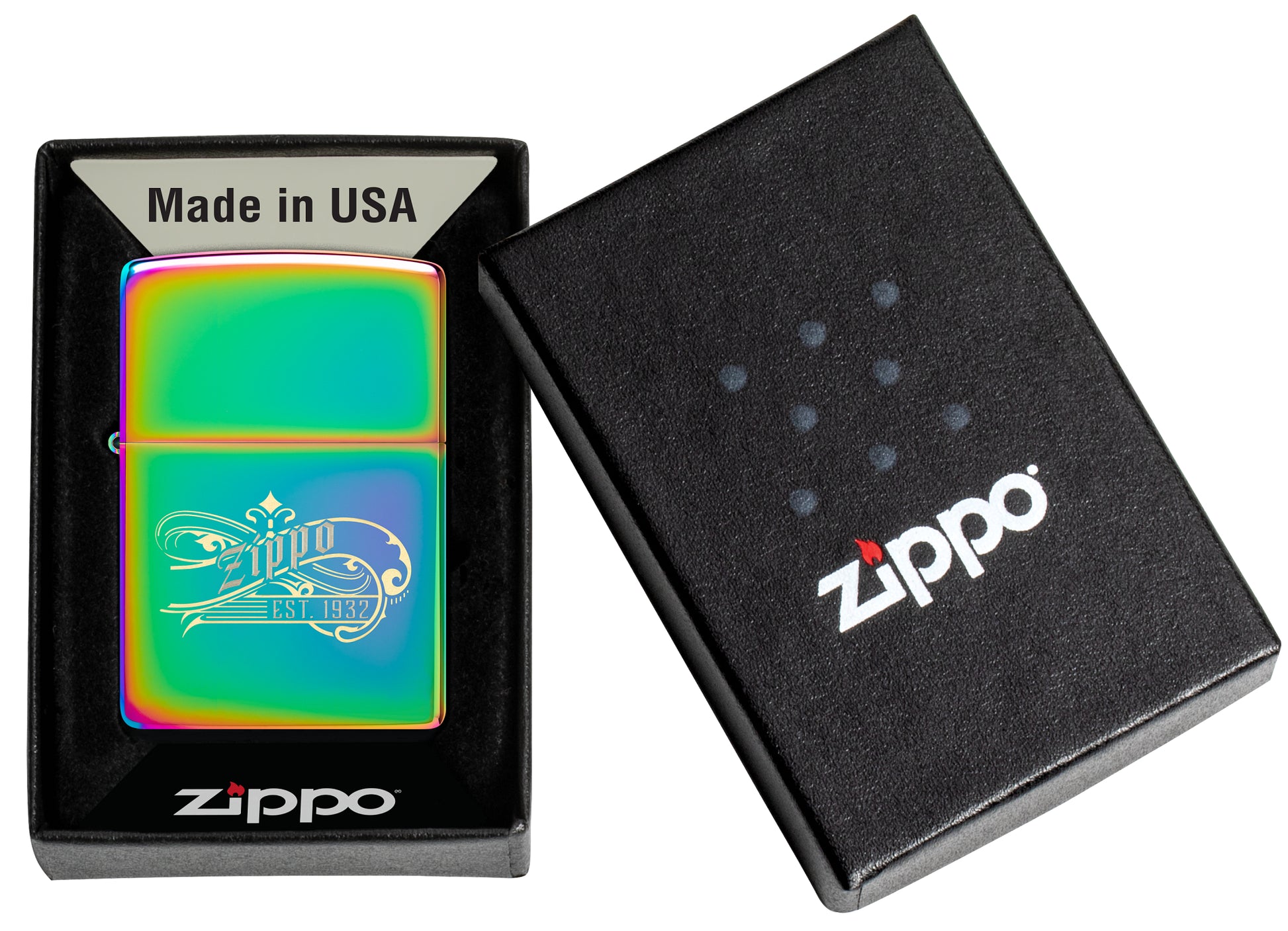 Zippo Established 1932 Design Multi Color Windproof Lighter in its packaging.