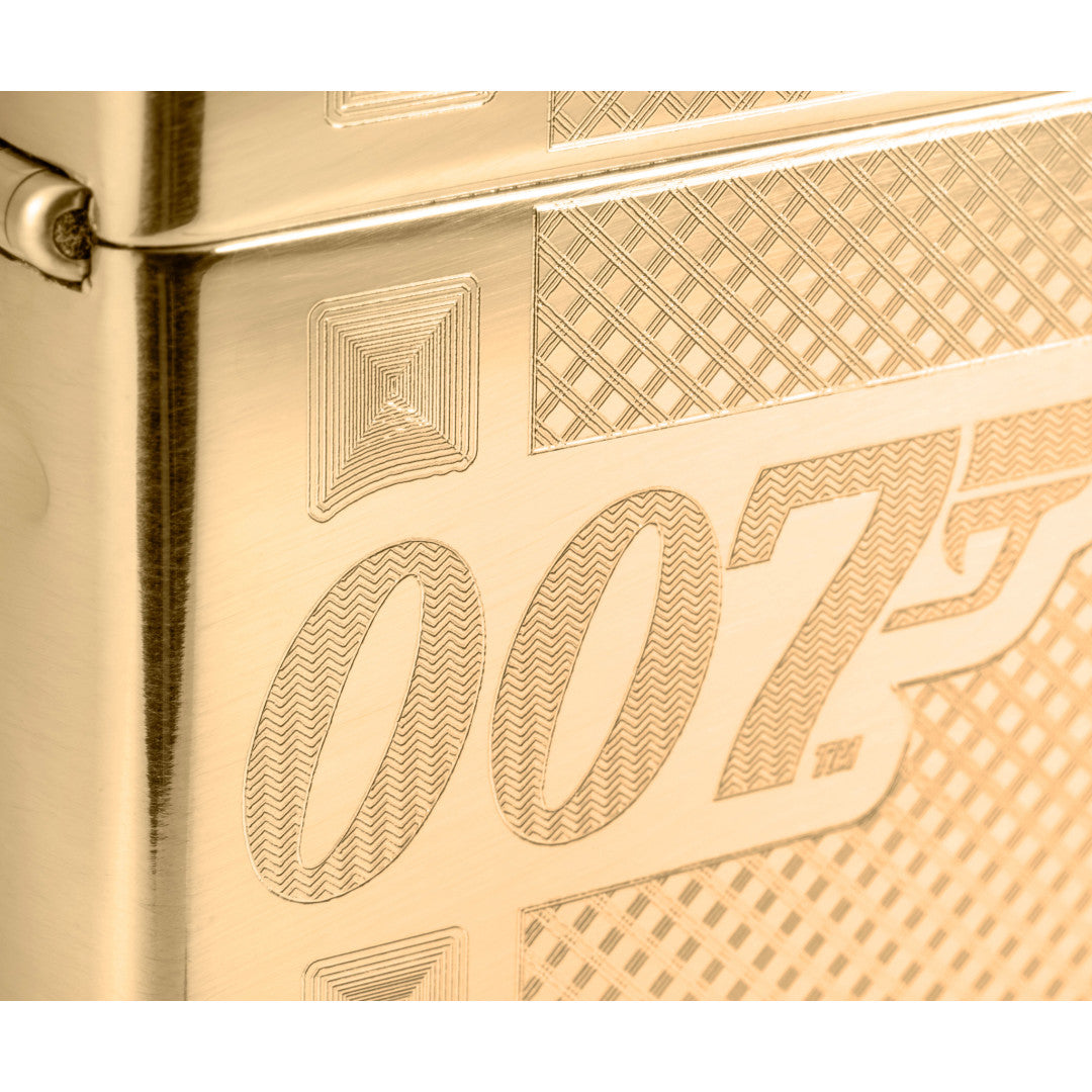 Front view of Zippo James Bond 007™ Gingham Design High Polish Brass Windproof Lighter close up to show the detail of the lighter.