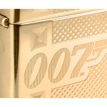 Front view of Zippo James Bond 007™ Gingham Design High Polish Brass Windproof Lighter close up to show the detail of the lighter.