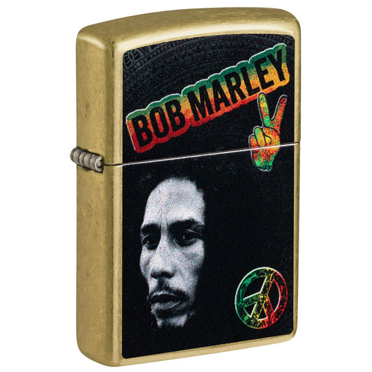 Front shot of Zippo Bob Marley Peace Design Street Brass Windproof Lighter standing at a 3/4 angle.