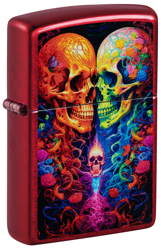 Front shot of Zippo Candy Skulls Design Candy Apple Red Windproof Lighter standing at a 3/4 angle.