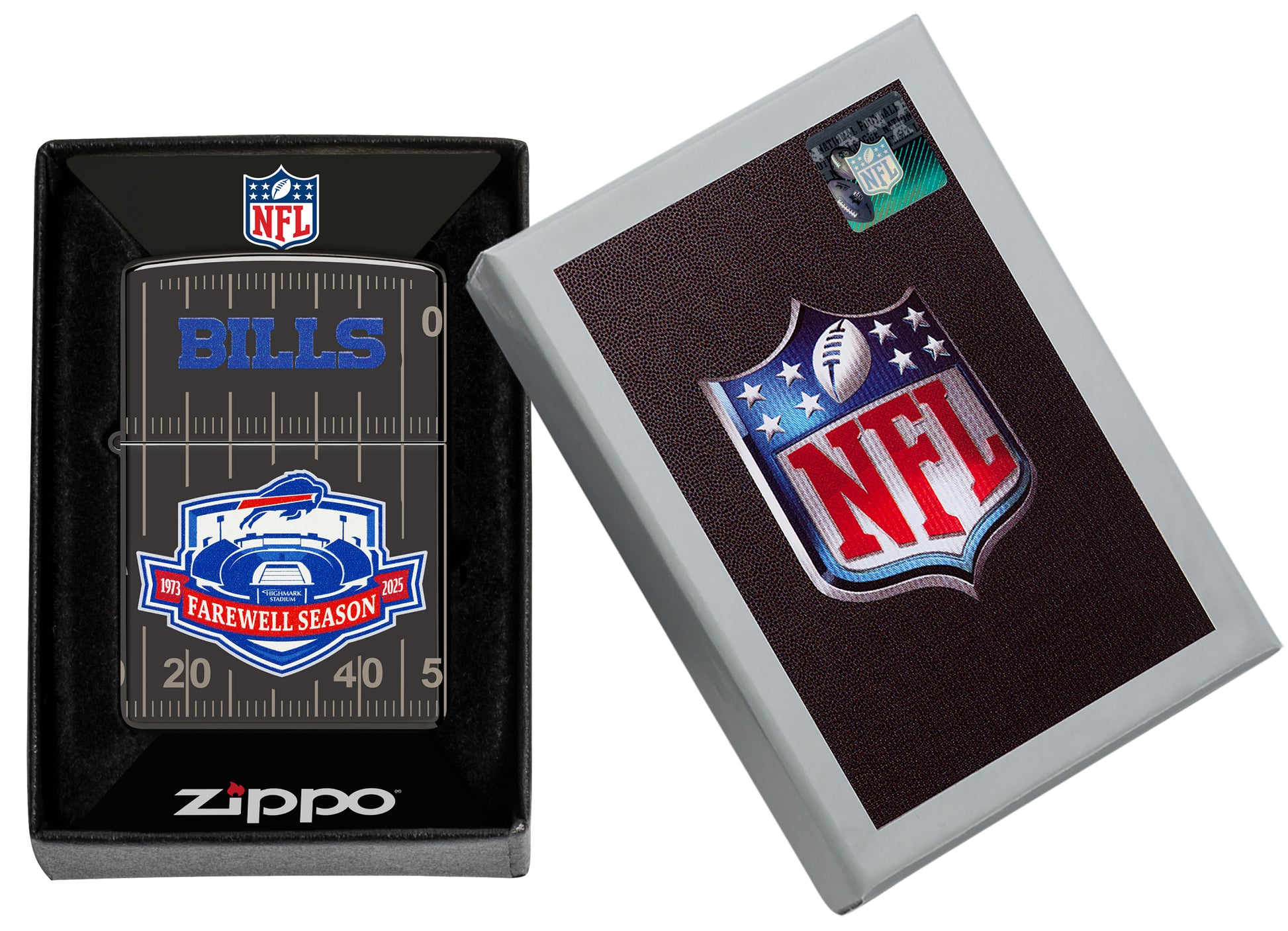 Zippo Buffalo Bills Farewell Season Design High Polish Black Windproof Lighter in its packaging.