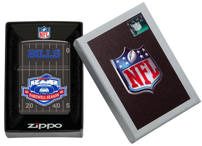 Zippo Buffalo Bills Farewell Season Design High Polish Black Windproof Lighter in its packaging.