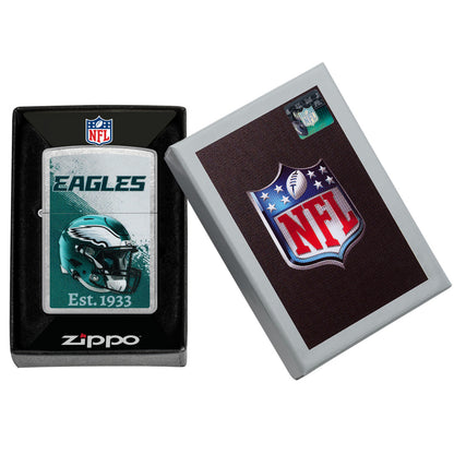 Zippo NFL Philadelphia Eagles Helmet Design Street Chrome Windproof Lighter in its packaging.