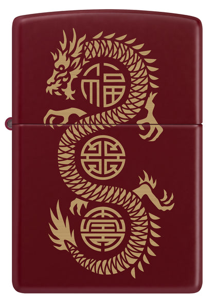 Front view of Zippo Lucky Dragon Design Merlot Windproof Lighter.