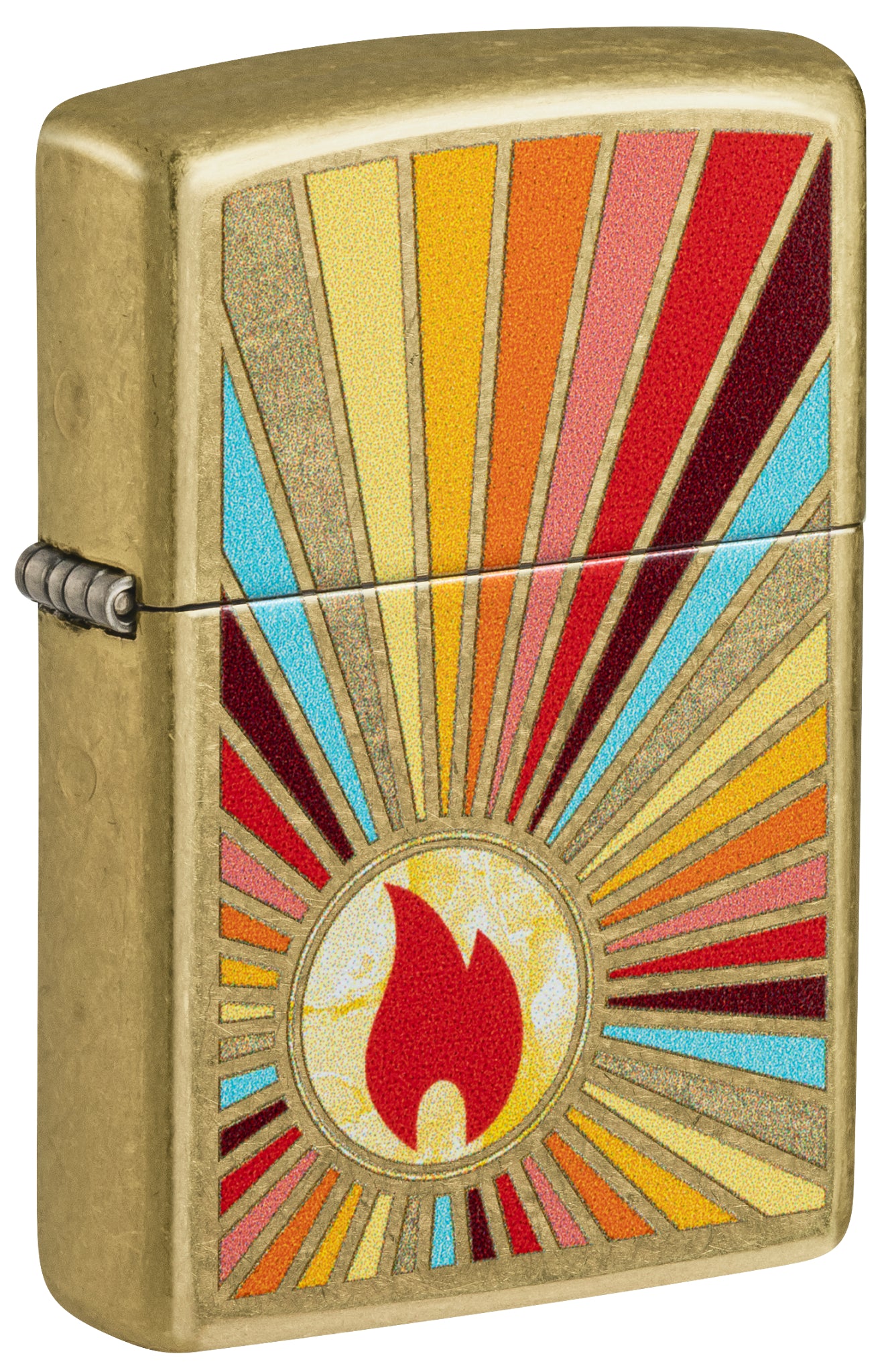 Front shot of Zippo Beaming Flame Design Street Brass Windproof Lighter standing at a 3/4 angle.
