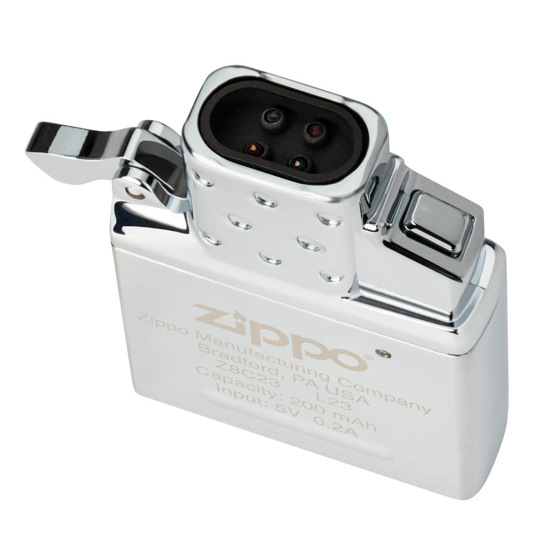 Top view of Zippo Double Arc Rechargeable Lighter Insert
 standing at a 3/4 angle.
