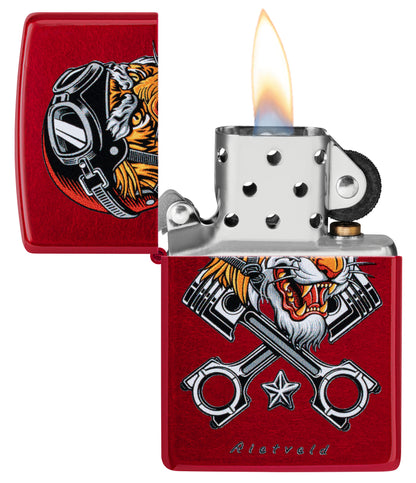 Zippo Rietveld Tiger Design Candy Apple Red Windproof Lighter with its lid open and lit.