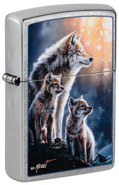 Front shot of Zippo Mazzi® Wolf Pack Design Street Chrome Windproof Lighter standing at a 3/4 angle.