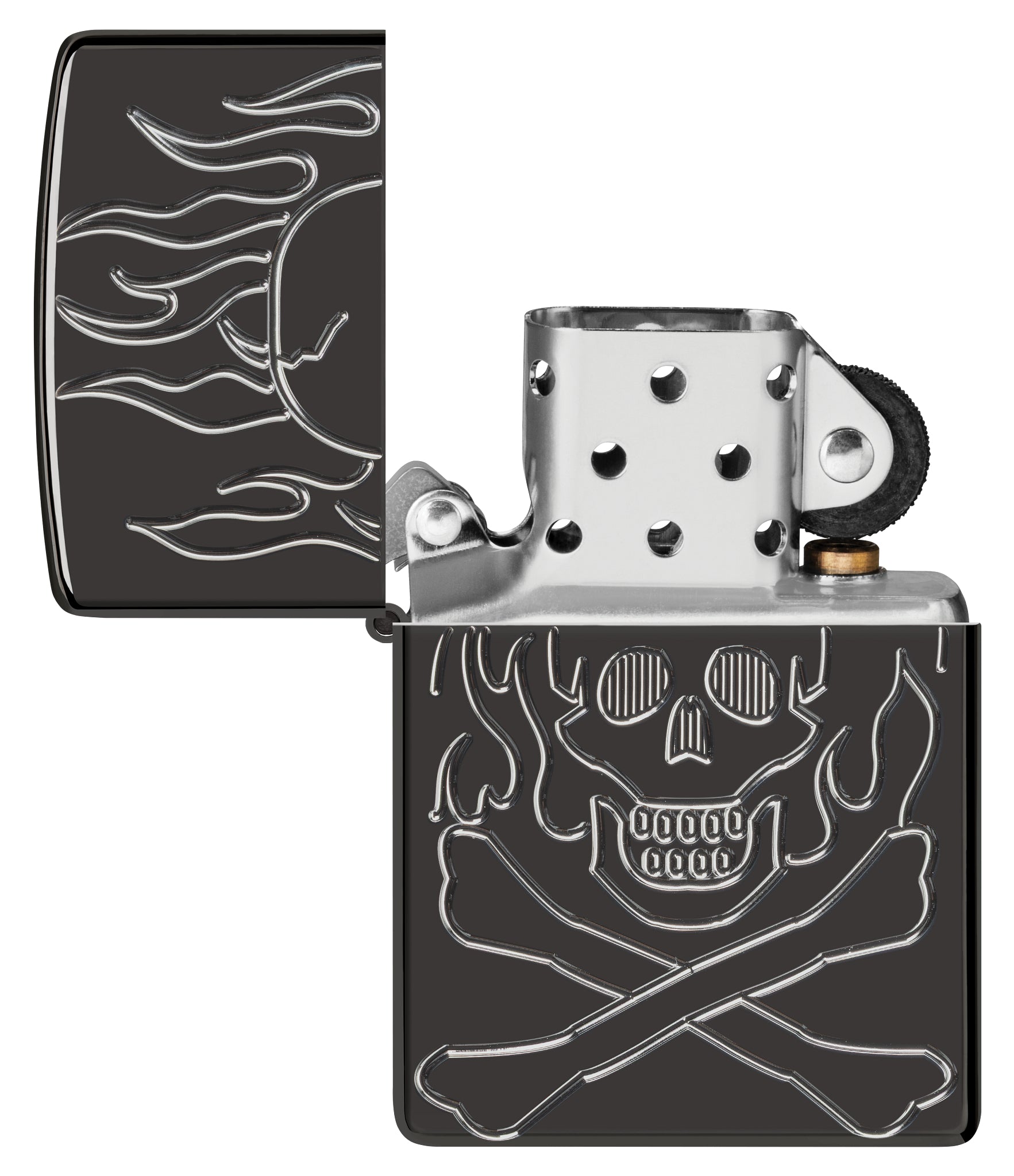 Zippo Flaming Skull Design Armor® High Polish Black Windproof Lighter with its lid open and unlit.