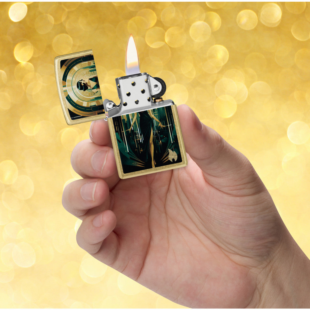 Zippo Fancy Flapper Design Street Brass Windproof Lighter lit in hand.