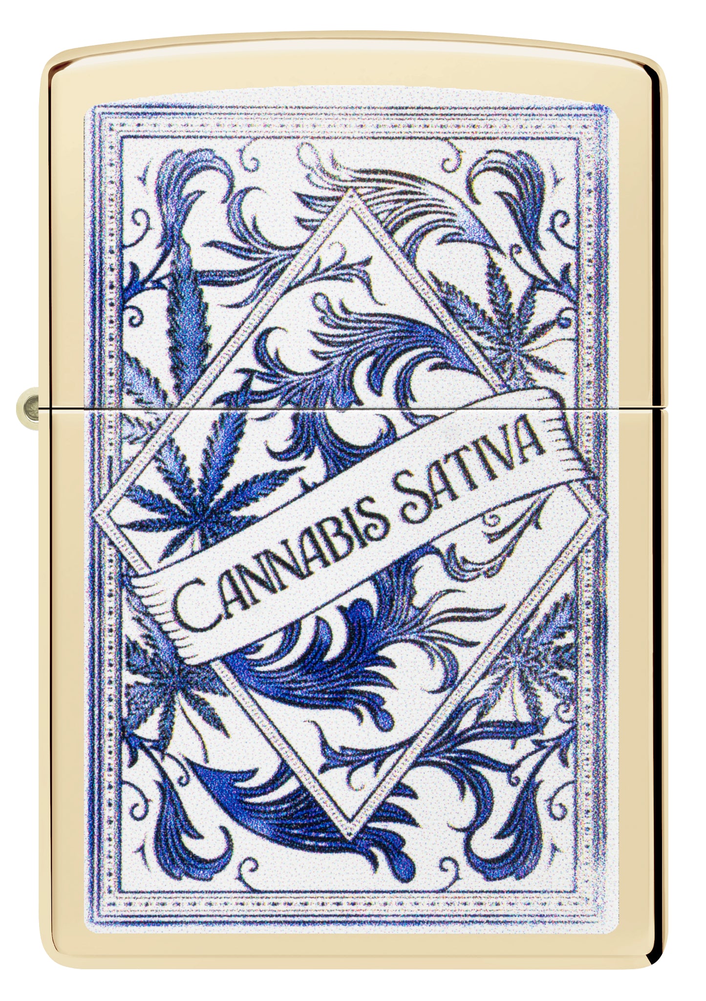 Front view of Zippo Sativa Serenity Design Champagne Windproof Lighter.
