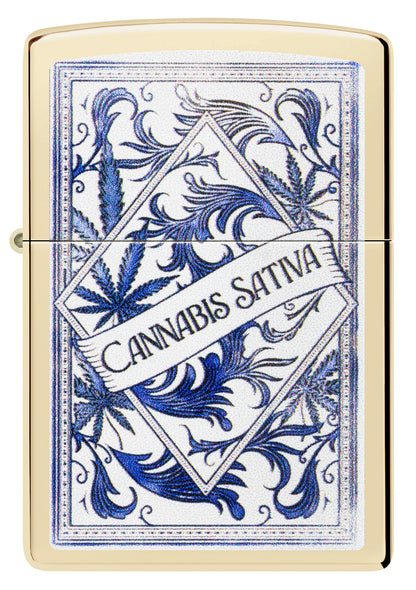 Front view of Zippo Sativa Serenity Design Champagne Windproof Lighter.