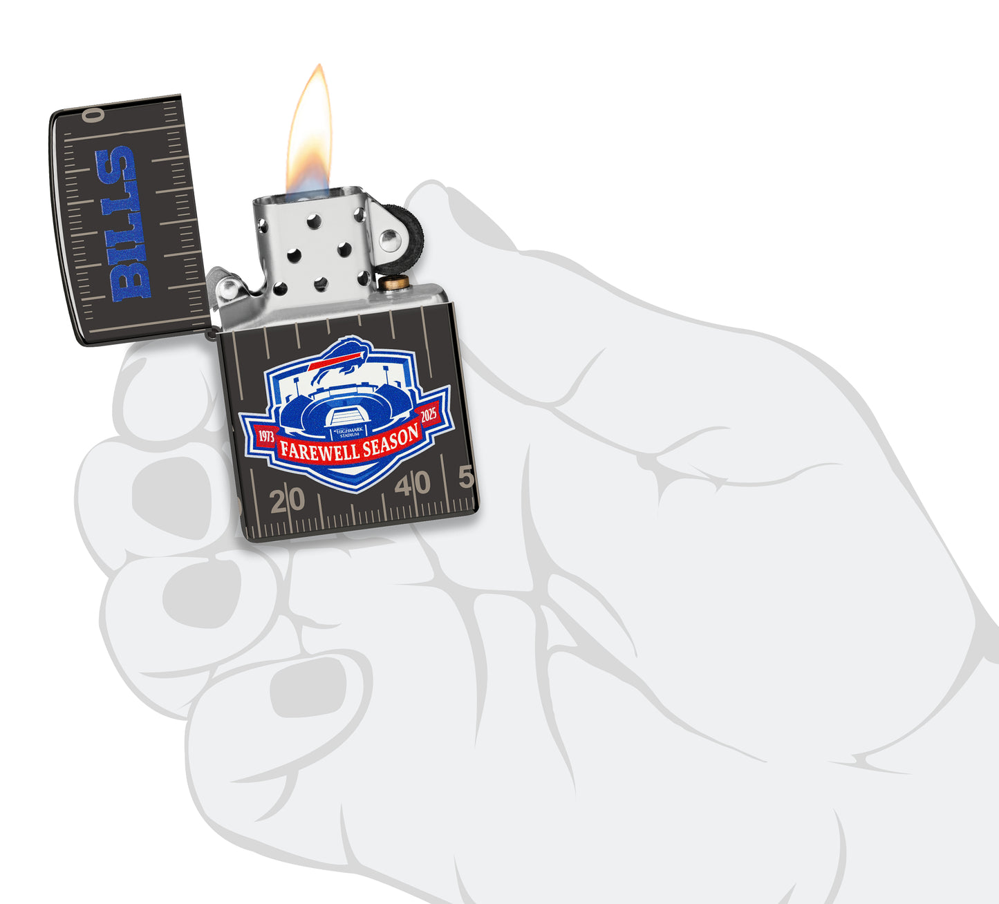 Zippo Buffalo Bills Farewell Season Design High Polish Black Windproof Lighter lit in hand.