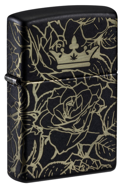 Front shot of Zippo Queen of Bud 360° Roses Design Black Matte Windproof Lighter standing at a 3/4 angle.
