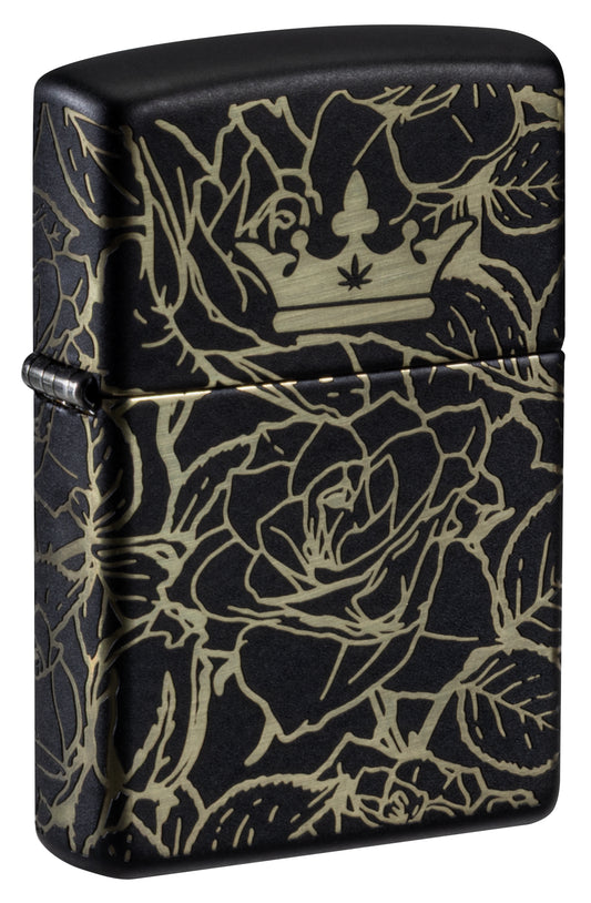 Front shot of Zippo Queen of Bud 360° Roses Design Black Matte Windproof Lighter standing at a 3/4 angle.