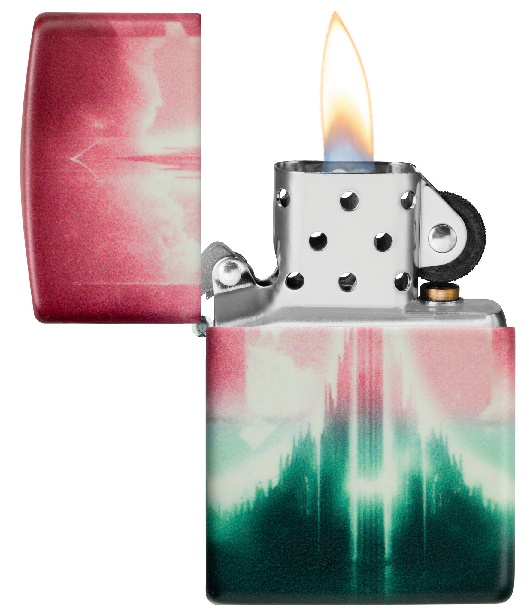 Zippo Wicked City Design Glow in the dark Green Windproof Lighter with its lid open and lit.