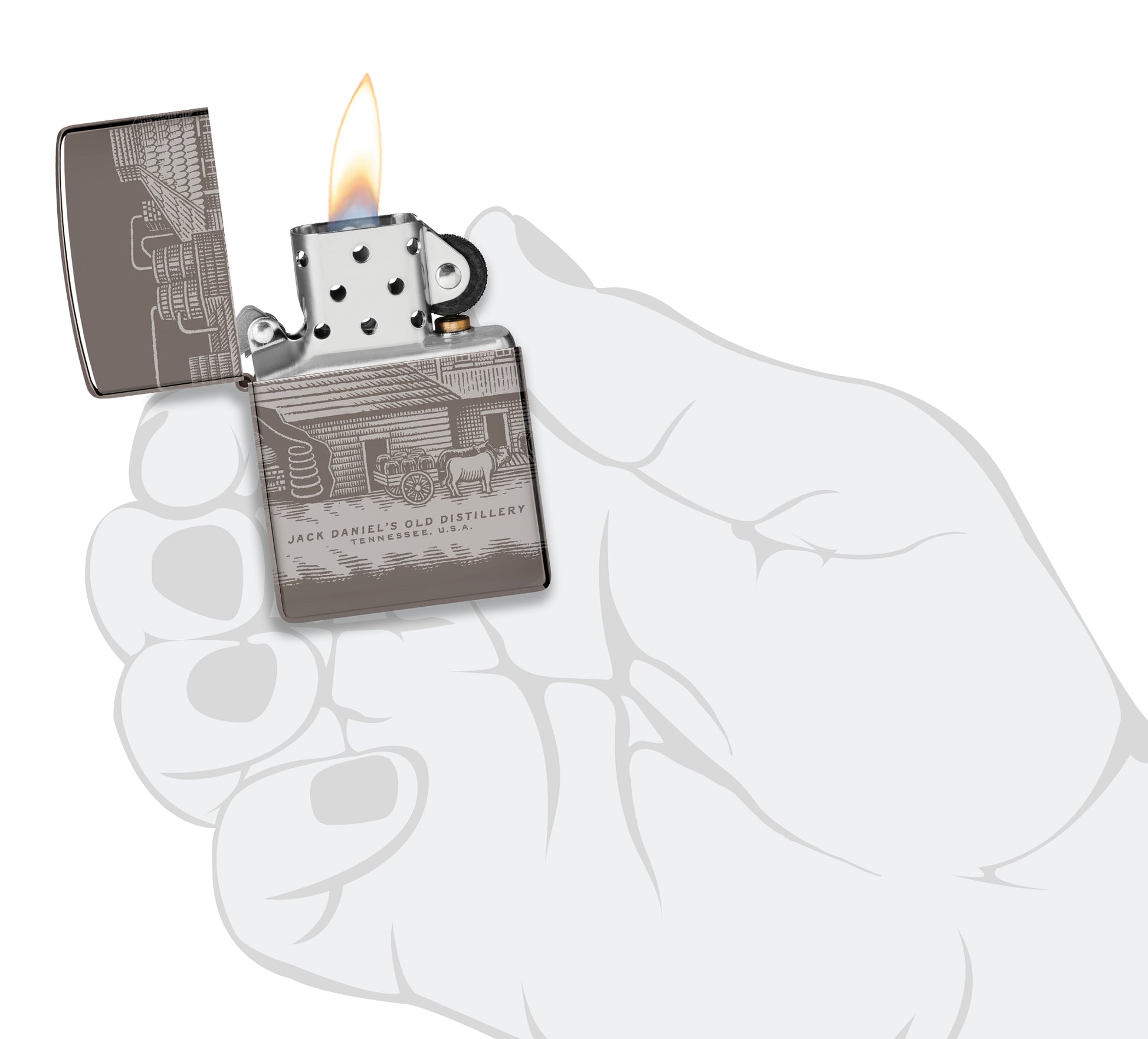 Zippo Jack Daniel's® Distillery Design Black Ice® Windproof Lighter lit in hand.