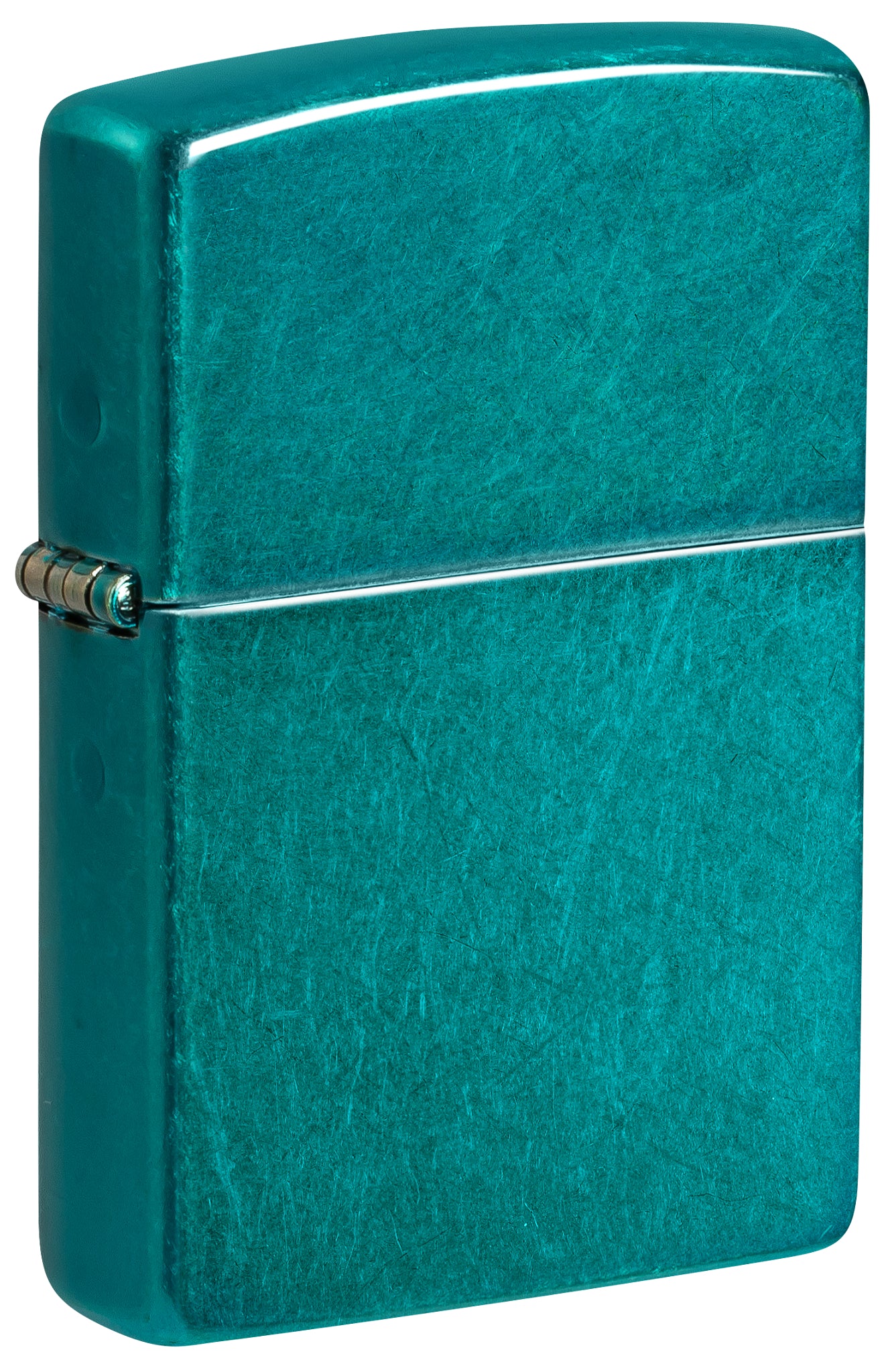 Front shot of Zippo Classic Candy Teal Windproof Lighter standing at a 3/4 angle.