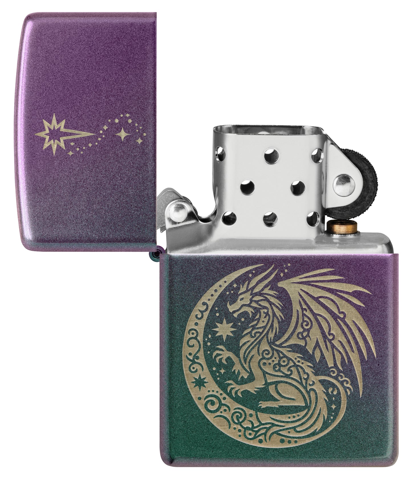 Zippo Dragon Fantasy Design Iridescent Windproof Lighter with its lid open and unlit.