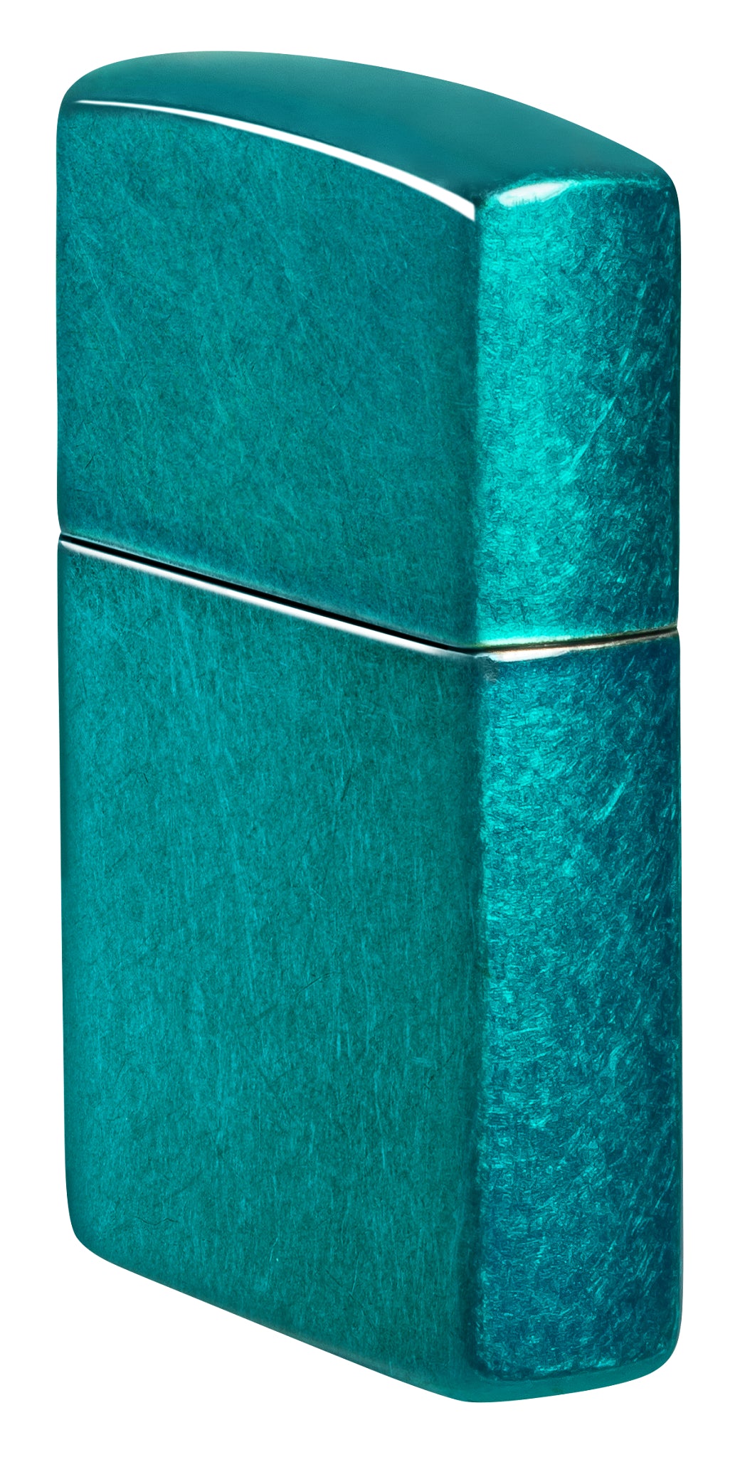 Angled shot of  Zippo Classic Candy Teal Windproof Lighter showing the front and non-hinge side of the lighter.