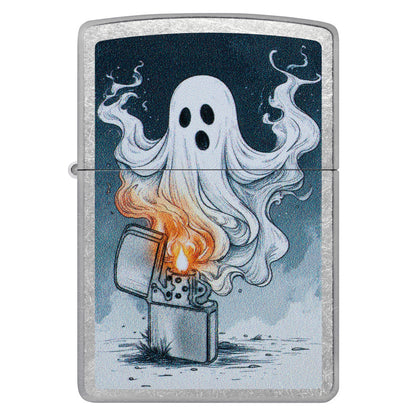 Front view of Zippo Spooky Spark Design Street Chrome Windproof Lighter.