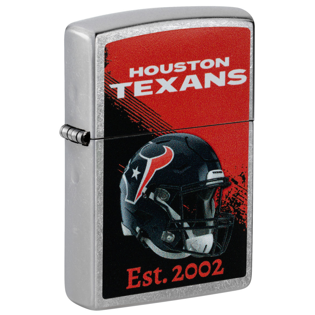 Front shot of Zippo NFL Houston Texans Helmet Design Street Chrome Windproof Lighter standing at a 3/4 angle.