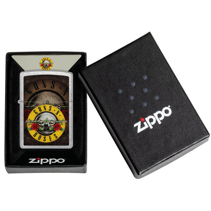 Zippo Guns N' Roses Logo Design Street Chrome Windproof Lighter in its packaging.
