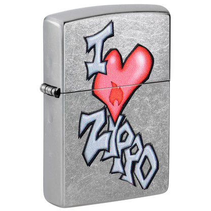 Front shot of Zippo I Love Zippo Design Street Chrome Windproof Lighter standing at a 3/4 angle.