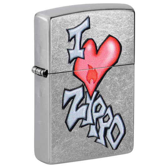 Front shot of Zippo I Love Zippo Design Street Chrome Windproof Lighter standing at a 3/4 angle.