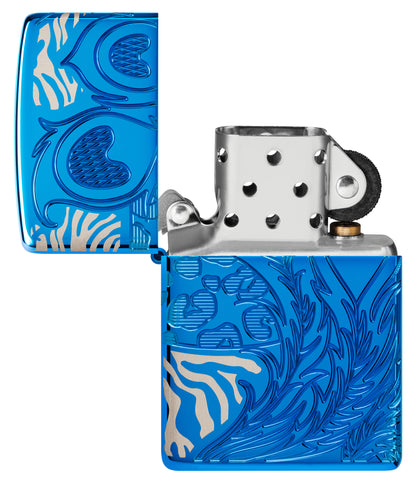 Zippo Animal Flair Design Armor® High Polish Blue Windproof Lighter with its lid open and unlit.