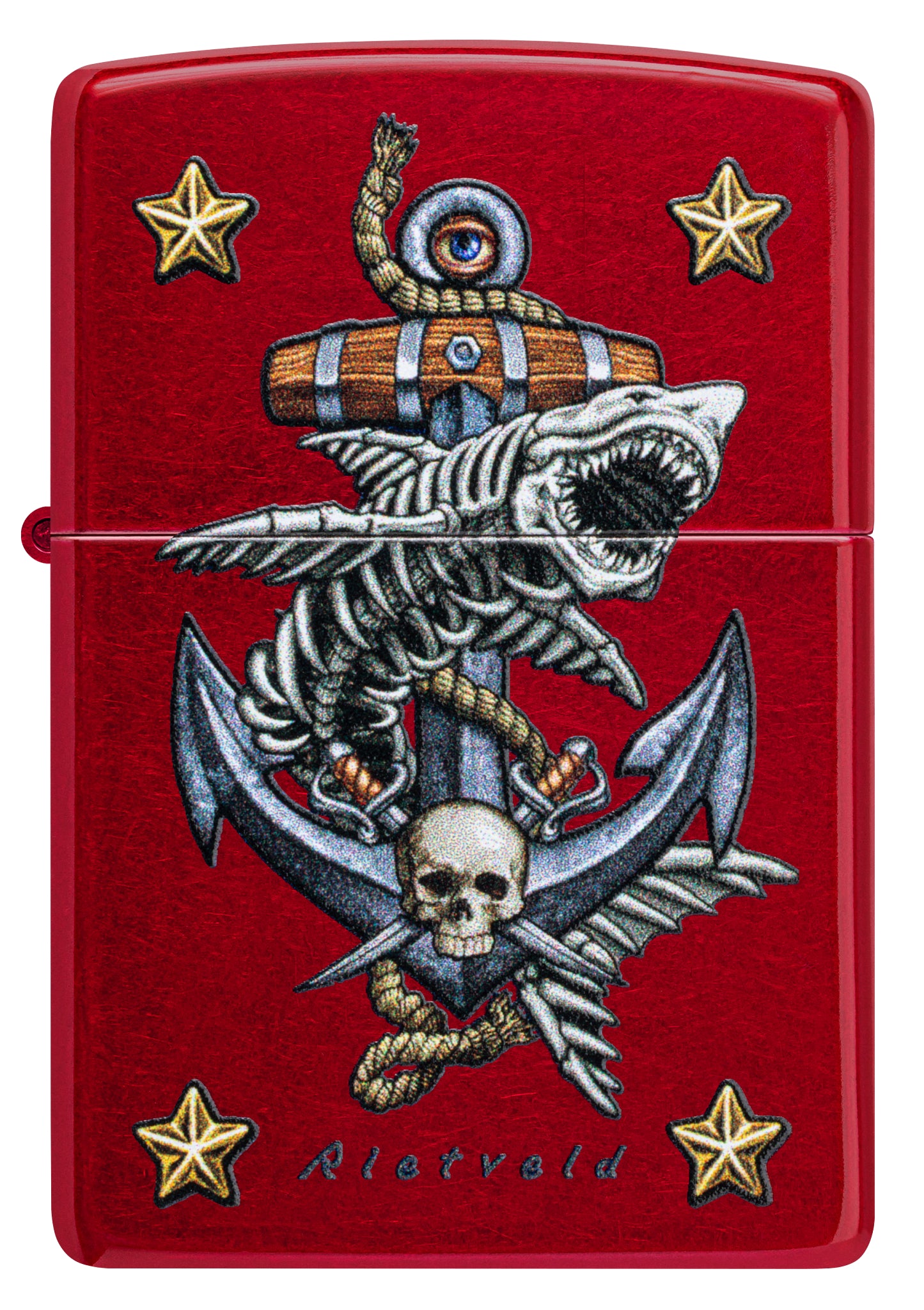 Front view of Zippo Rietveld Anchor Design Candy Apple Red Windproof Lighter.