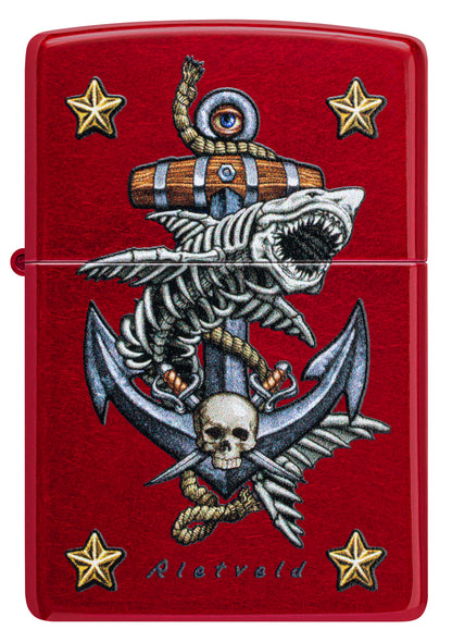 Front view of Zippo Rietveld Anchor Design Candy Apple Red Windproof Lighter.