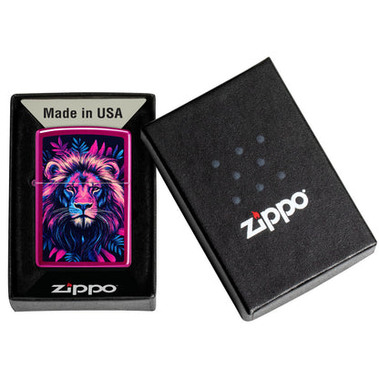 Zippo Multicolor Lion Design Candy Raspberry Windproof Lighter in its packaging.