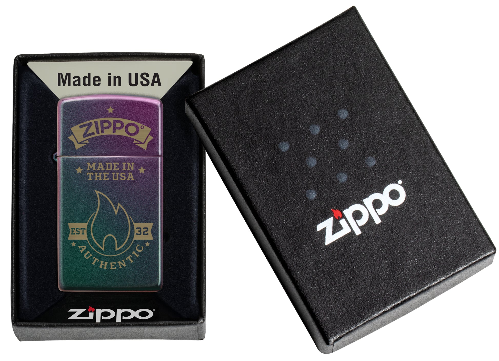 Zippo Authentic Zippo Design Slim Iridescent Windproof Lighter in its packaging.