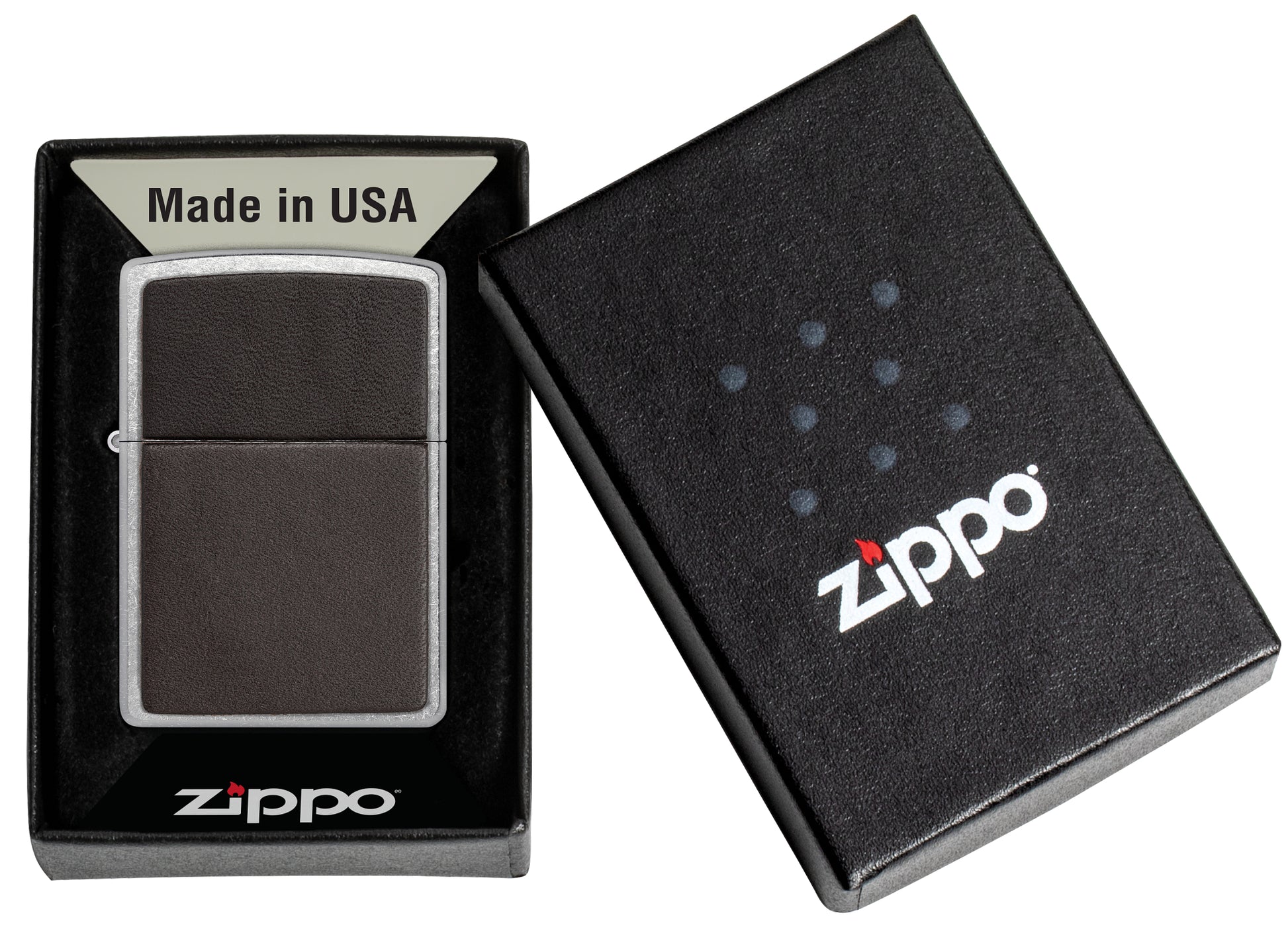Zippo Brown Leather Emblem Street Chrome Windproof Lighter in its packaging.
