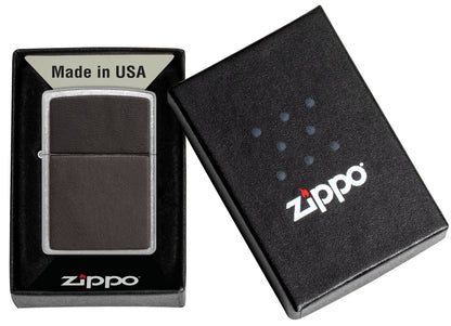 Zippo Brown Leather Emblem Street Chrome Windproof Lighter in its packaging.