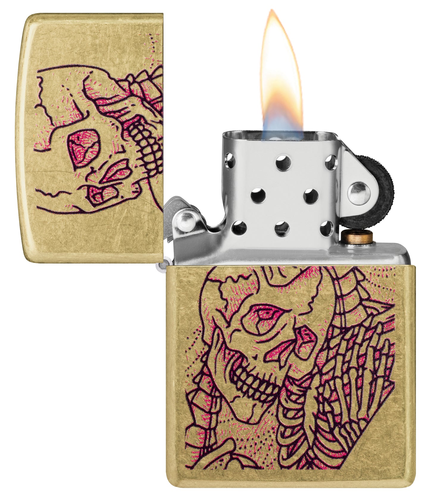 Zippo Bony Embrace Design Street Brass with its lid open and lit.