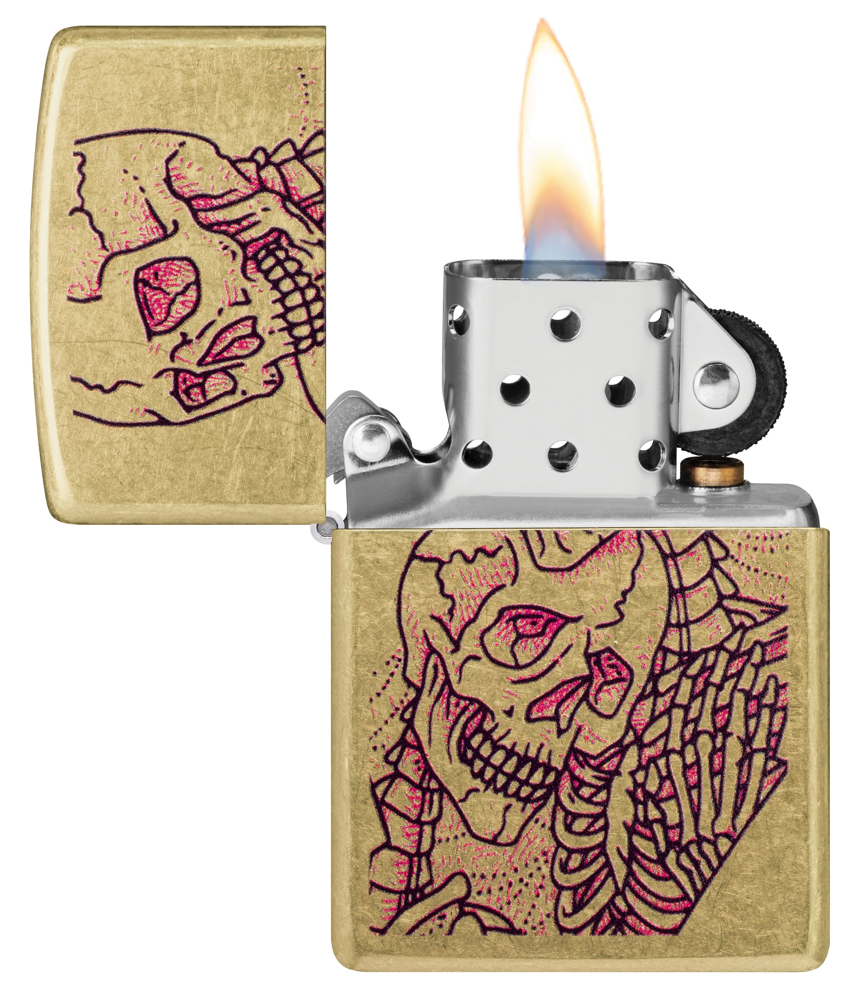 Zippo Bony Embrace Design Street Brass with its lid open and lit.