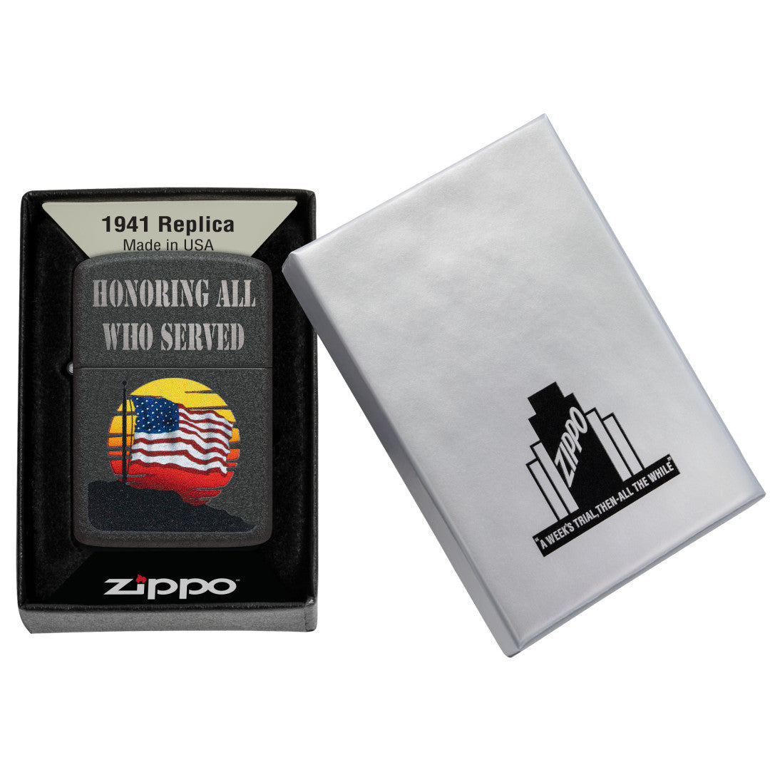 Zippo Honor Flag Design Black Crackle®  Windproof Lighter in its packaging.
