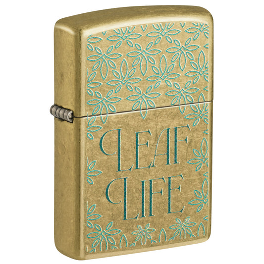 Front shot of Zippo Leaf Life Design Street Brass Windproof Lighter standing at a 3/4 angle.