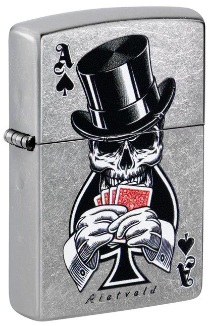Front shot of Zippo Rietveld Ace of Spades Design Street Chrome Windproof Lighter standing at a 3/4 angle.